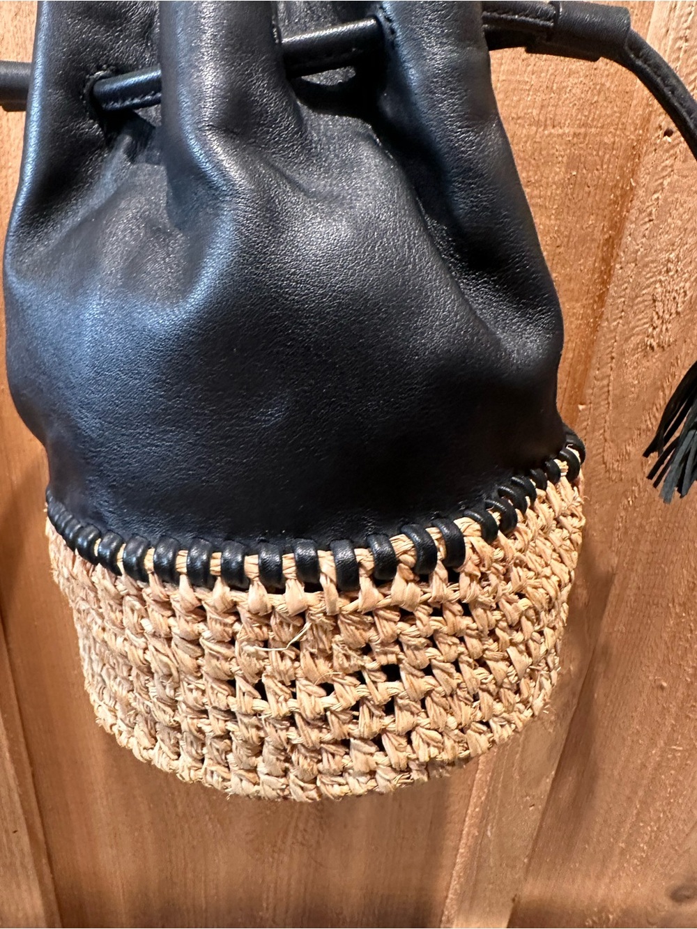 Loeffler Randall Black Leather and Raffia Drawstring Bucket Bag - Picture 8 of 12